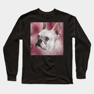 Painting of a White French Bulldog on Pink Red Background Long Sleeve T-Shirt